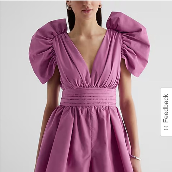 Express V-Neck Puff Sleeve Pleated Romper - Picture 1 of 5